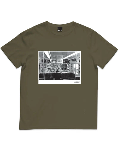 Burn Clothing Bomb Train Print Short Sleeve T-Shirt in Army Green