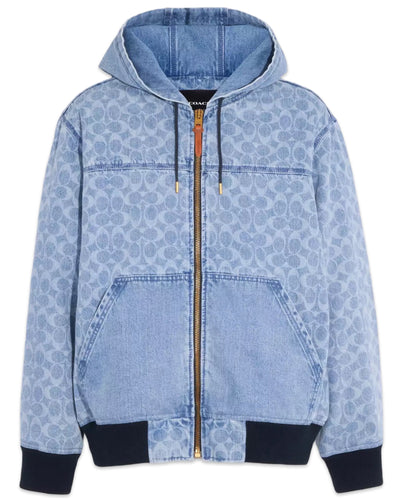 Coach NY Signature Denim Hooded Zip Up Jacket in Light Wash