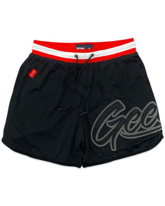 Geedup Script Perforated Shorts in Black / Red (2021)