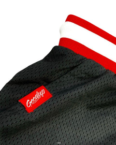 Geedup Script Perforated Shorts in Black / Red (2021)