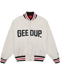 Geedup Company Varsity Bomber Jacket in Grey/Red - Bisy Clothing