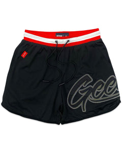 Geedup Script Perforated Shorts in Black / Red (2021) - Bisy Clothing