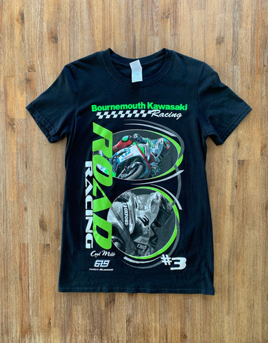 KAWASAKI Size S Racing Number 3 Road Racing T-Shirt in Black Womens JAN102 - Bisy Clothing