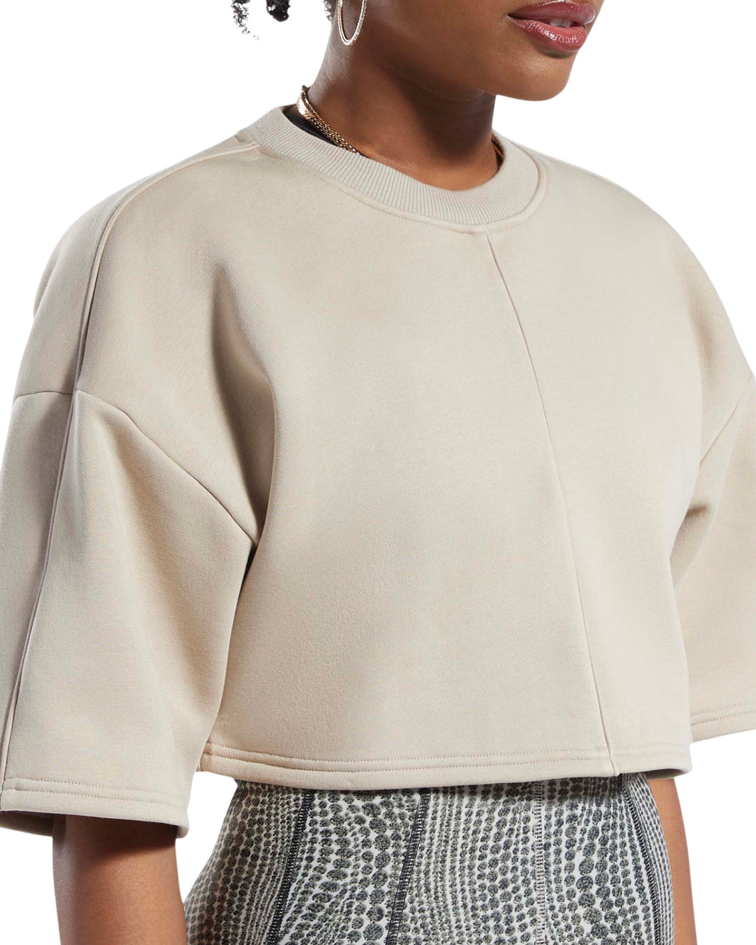 Reebok x Cardi B Cropped Fleece T-Sweatshirt in Modern Beige