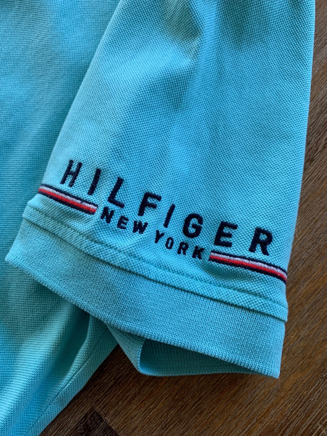 TOMMY HILFIGER Size S TH NY Polo Shirt in Teal Sleeve Embroidery Men's DEC87 - Bisy Clothing